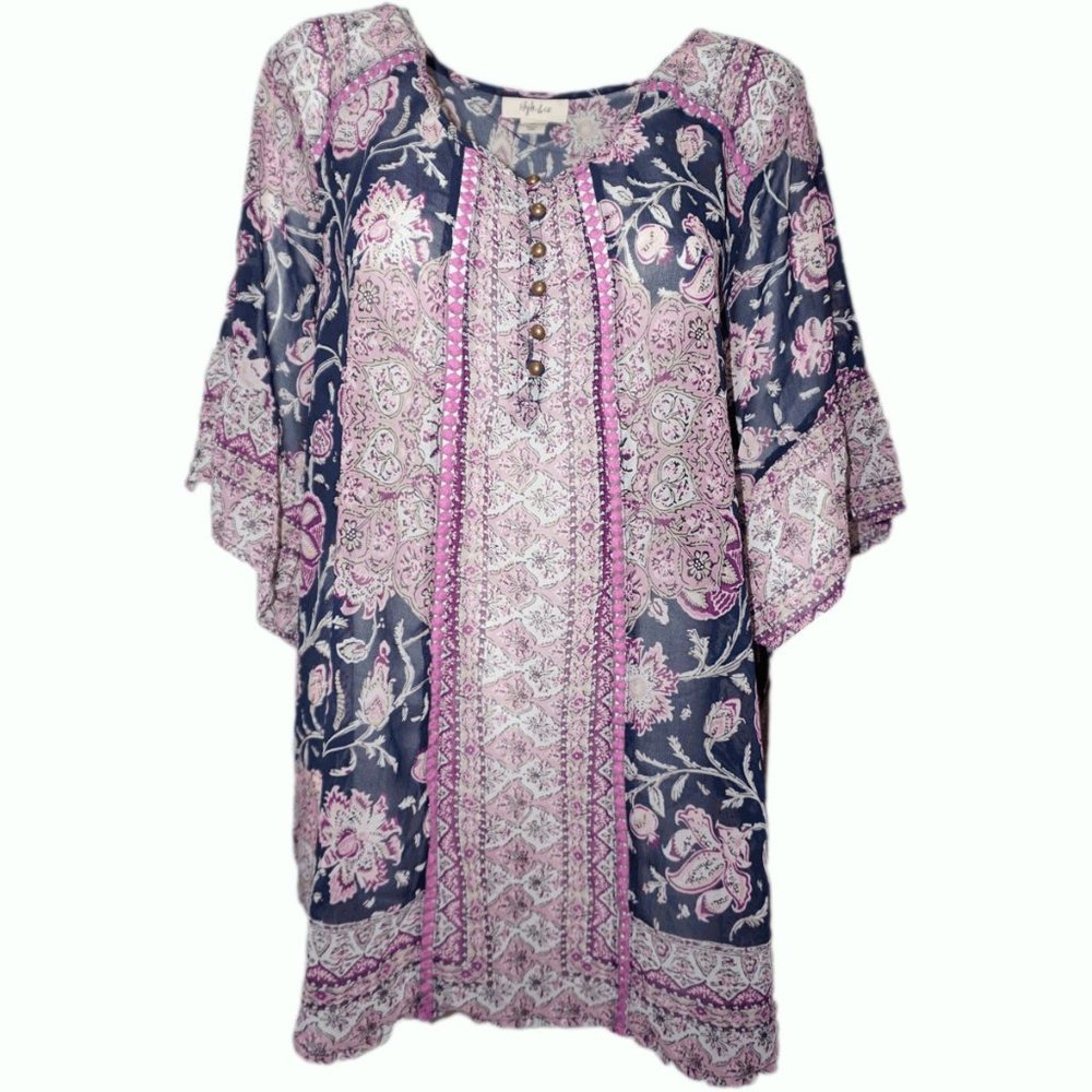 Style Co Floral-Print Bell-Sleeve Top Lotus Medium
